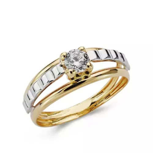 9K SORTIJA ORO BICOLOR DOBLE CUERPO CON MOTIVO Y CIRCONITA EN 4 GARRAS. ANCHO: 6