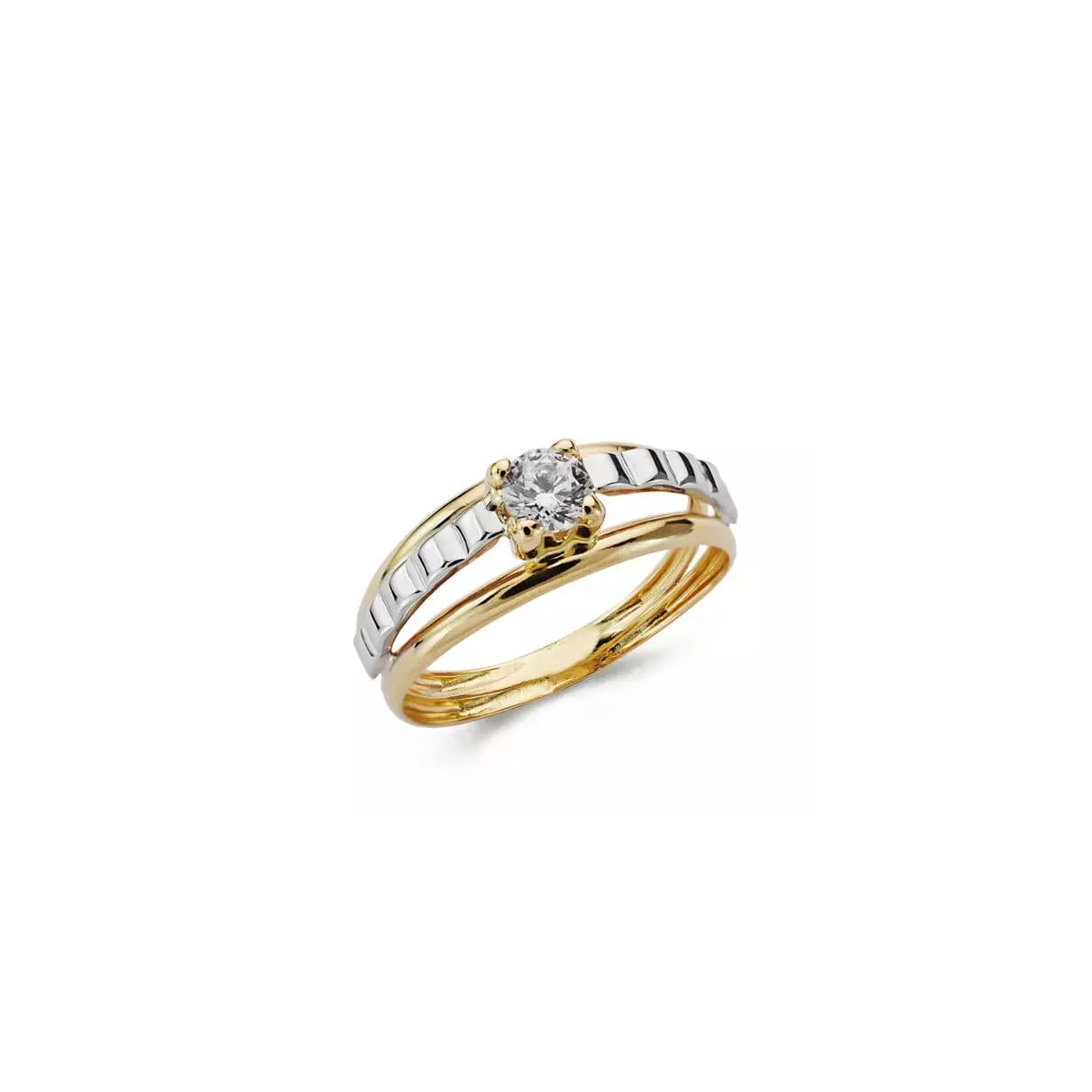 9K SORTIJA ORO BICOLOR DOBLE CUERPO CON MOTIVO Y CIRCONITA EN 4 GARRAS. ANCHO: 6