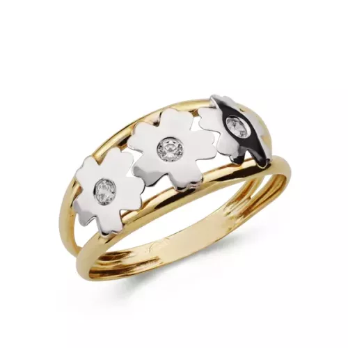 9K SORTIJA ORO BICOLOR DOBLE CUERPO CON FLORES Y CIRCONITAS. ANCHO: 7