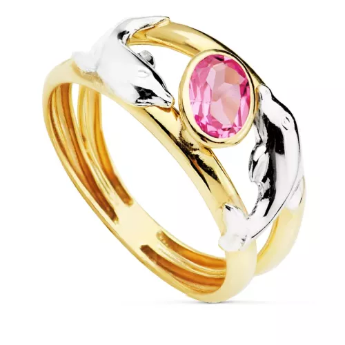 9K SORTIJA ORO BICOLOR DOBLE CUERPO CON DELFINES Y CIRCONITA ROSA OVAL. ANCHO: 10 MM 1