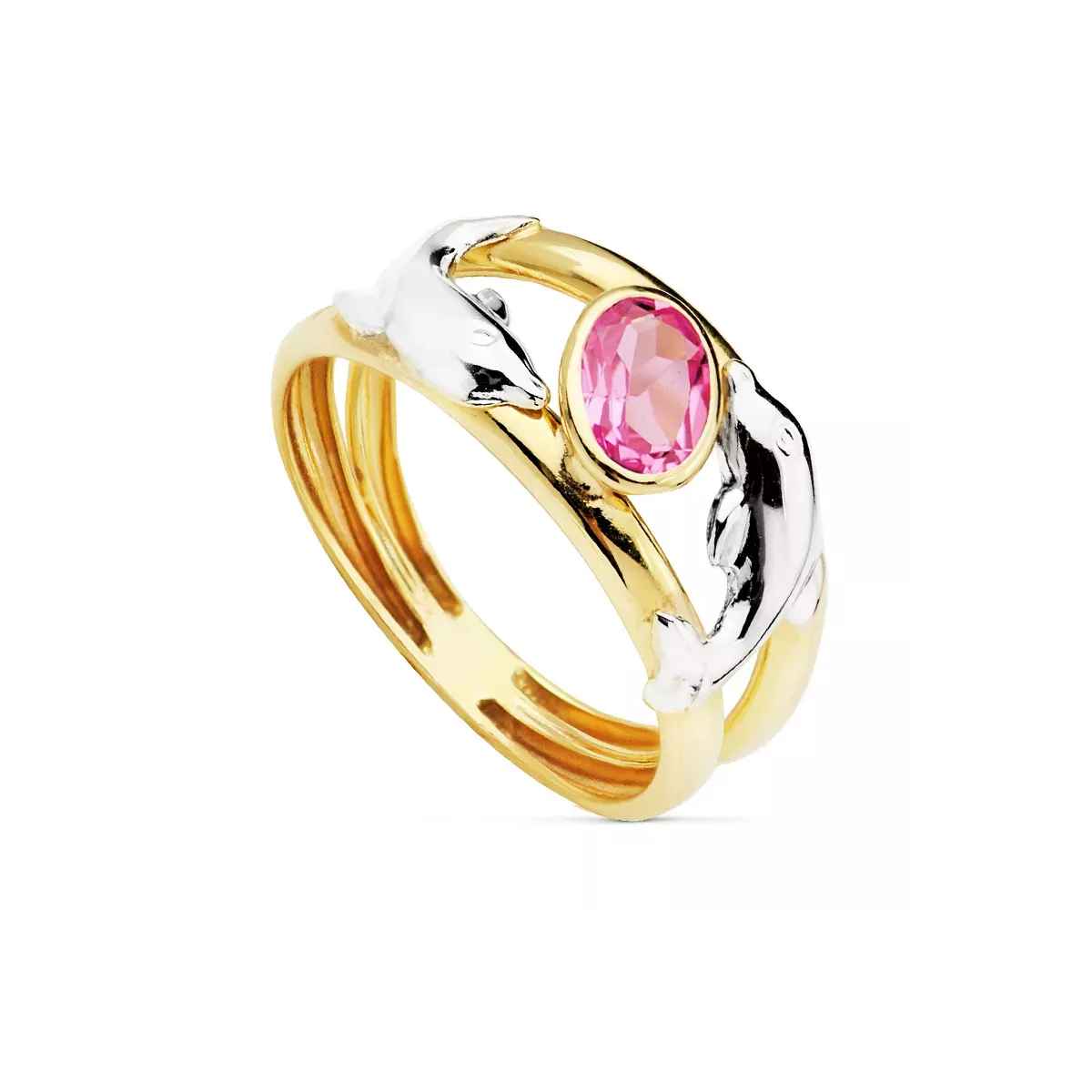 9K SORTIJA ORO BICOLOR DOBLE CUERPO CON DELFINES Y CIRCONITA ROSA OVAL. ANCHO: 10 MM 1