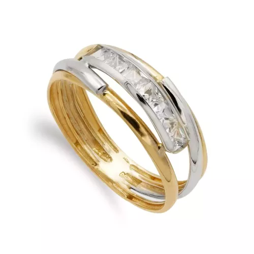 9K SORTIJA ORO BICOLOR BANDAS CON CIRCONITAS EN CARRIL. ANCHO: 6