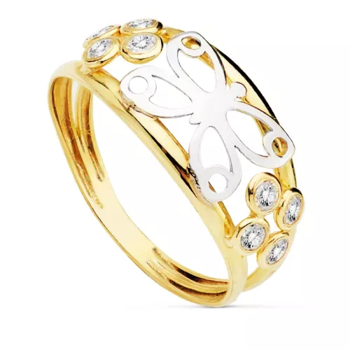 9K SORTIJA ORO BICOLOR DOBLE CUERPO CON MARIPOSA CALADA Y CIRCONITAS. ANCHO: 9 MM 1