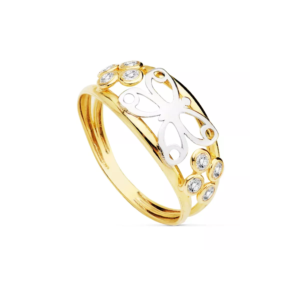 9K SORTIJA ORO BICOLOR DOBLE CUERPO CON MARIPOSA CALADA Y CIRCONITAS. ANCHO: 9 MM 1