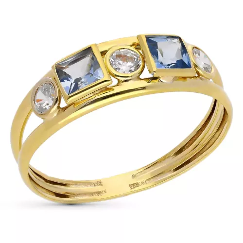 9K SORTIJA ORO AMARILLO DOBLE CUERPO CON CIRCONITAS BLANCAS Y COLOR AGUAMARINA. ANCHO: 4 MM 1