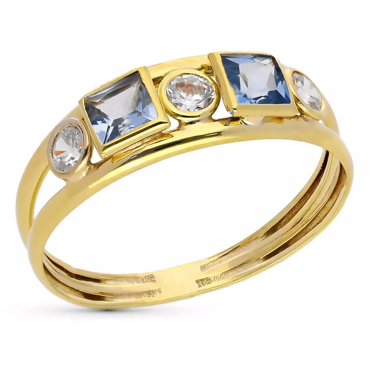 9K SORTIJA ORO AMARILLO DOBLE CUERPO CON CIRCONITAS BLANCAS Y COLOR AGUAMARINA. ANCHO: 4 MM 1