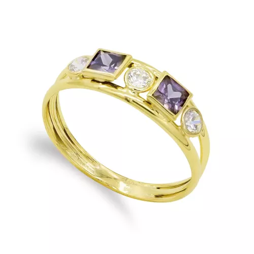 9K SORTIJA ORO AMARILLO DOBLE CUERPO CON CIRCONITAS BLANCAS Y COLOR AMATISTA. ANCHO: 4 MM 1