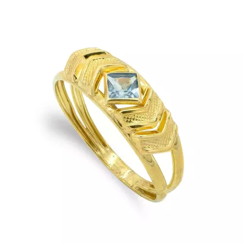 9K SORTIJA ORO AMARILLO MOTIVO CON CIRCONITA COLOR AGUAMARINA. ANCHO: 6