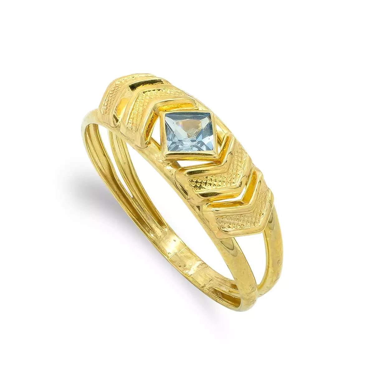 9K SORTIJA ORO AMARILLO MOTIVO CON CIRCONITA COLOR AGUAMARINA. ANCHO: 6