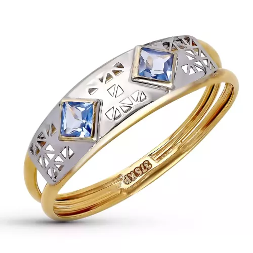 9K SORTIJA ORO BICOLOR MOTIVO CALADO CON CIRCONITAS COLOR AGUAMARINA. ANCHO: 5 MM 0