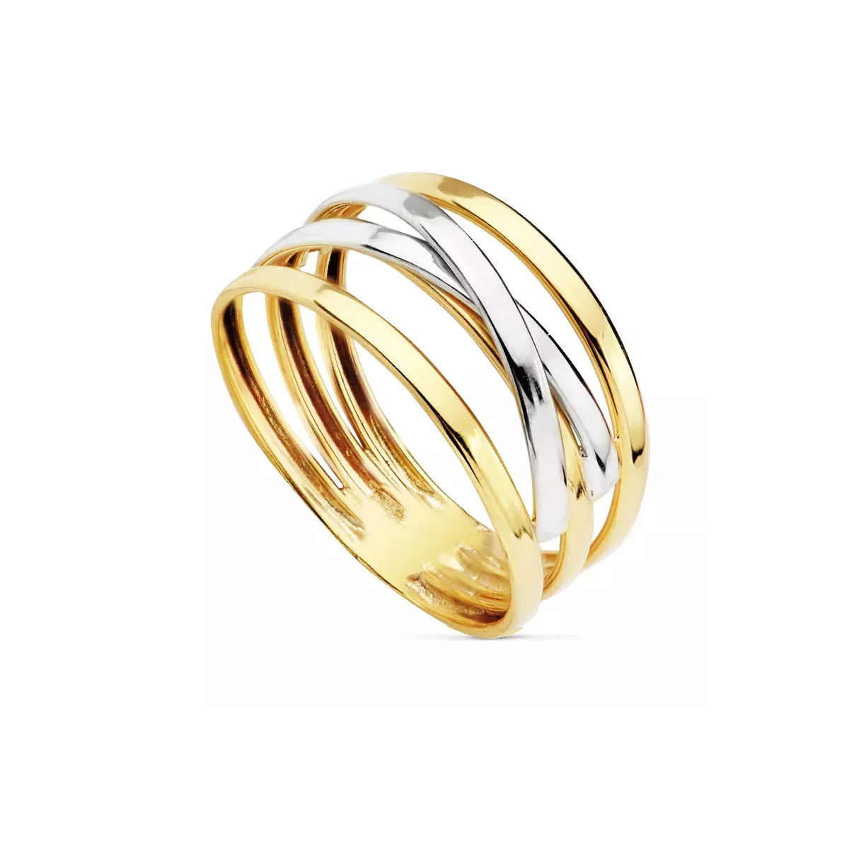 9K SORTIJA ORO BICOLOR BANDAS CRUZADAS EN BRILLO. ANCHO 10 MM 1