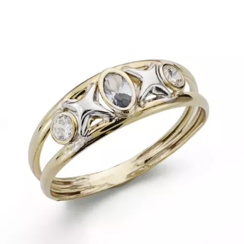 9K SORTIJA ORO BICOLOR DOBLE CUERPO CON ESTRELLAS Y CIRCONITAS COLOR AGUAMARINA. ANCHO: 6