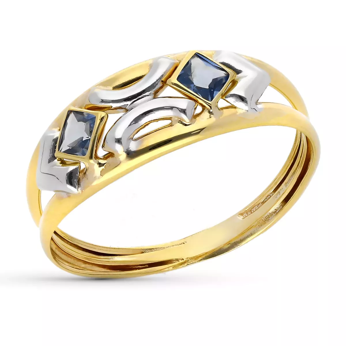 9K SORTIJA ORO BICOLOR DOBLE CUERPO CON CIRCONITAS COLOR AGUAMARINA. ANCHO: 7 MM 1