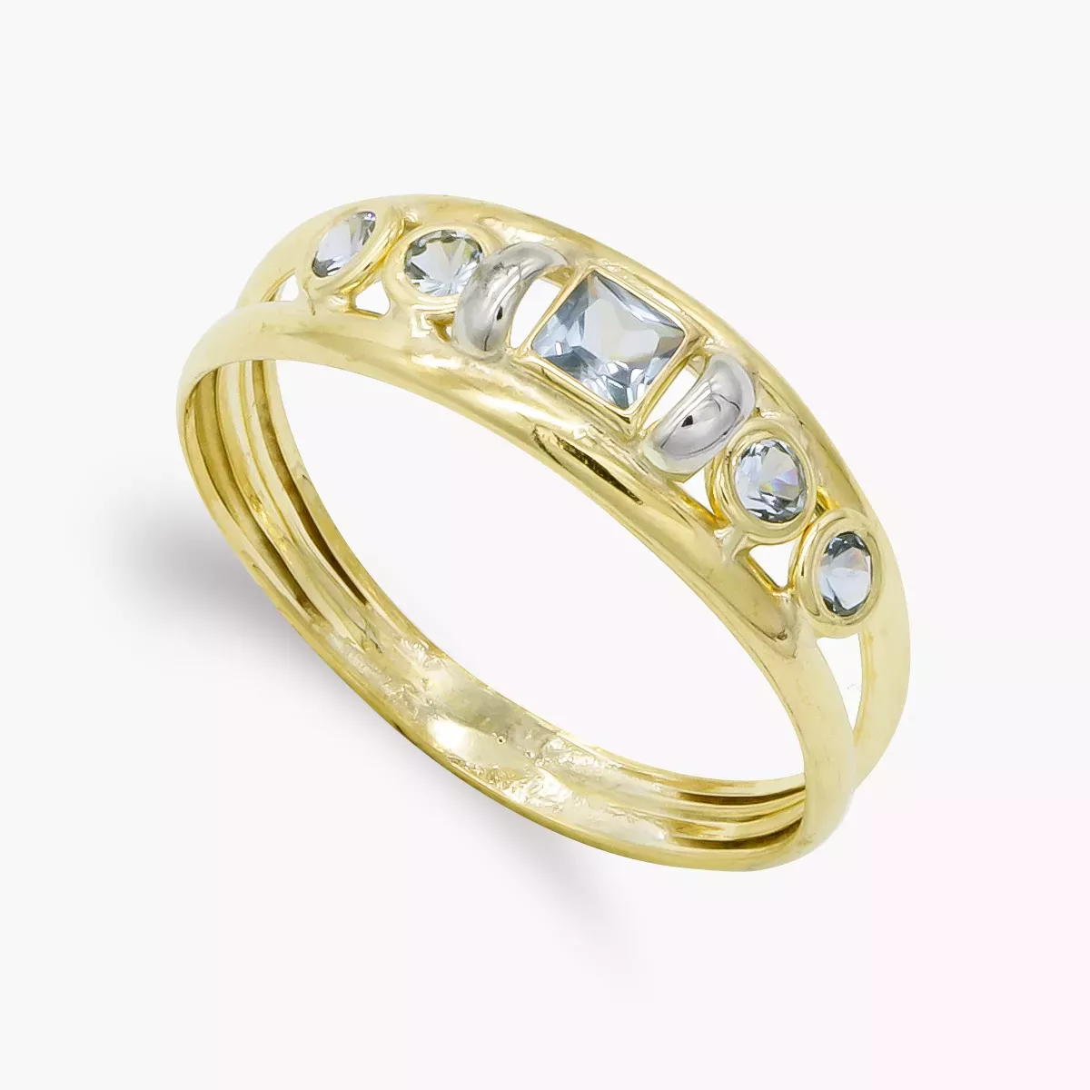 9K SORTIJA ORO AMARILLO DOBLE CUERPO CON AGUAMARINA CUADRADA Y REDONDAS. ANCHO: 5 MM 1