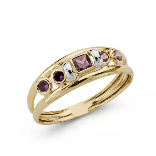 9K SORTIJA ORO AMARILLO DOBLE CUERPO CON AMATISTA CUADRADA Y REDONDAS. ANCHO: 5 MM 1